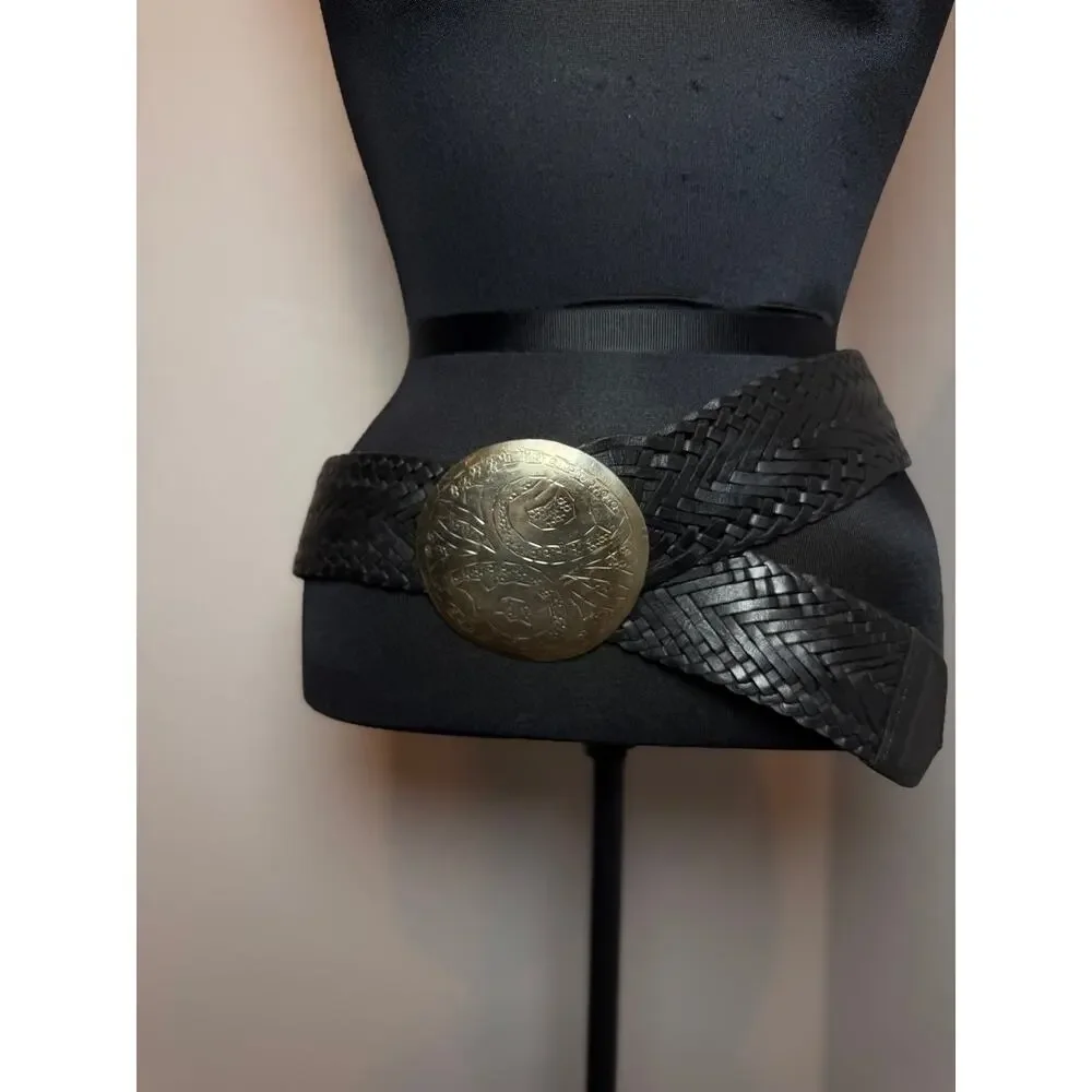 Vintage Wide Black Woven Leather Belt Gold Medallion Buckle Boho Western  M/L - Picture 4 of 9